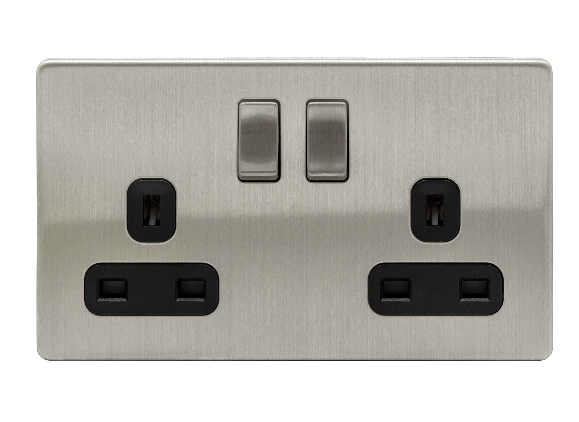 D-S132DPS-BCG 2 Gang DP Switched Socket Twin Earths Grey Insert Brushed Chrome